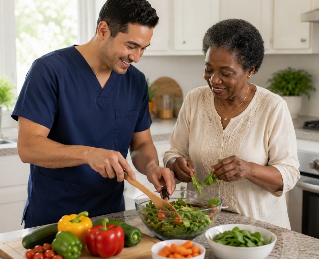 A man in scrubs and an older woman smile as they prepare a fresh salad together in a bright kitchen, surrounded by colorful vegetables and greens.