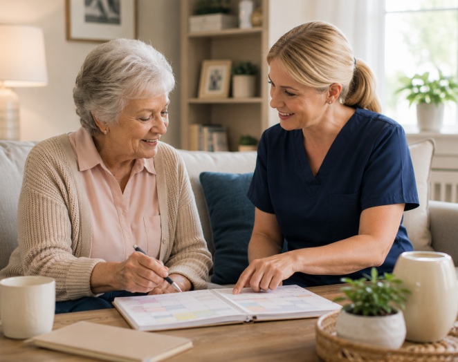 An older woman and a caregiver sit together at a table, looking at a colorful planner and smiling. The setting is a cozy living room with plants and mugs on the table.