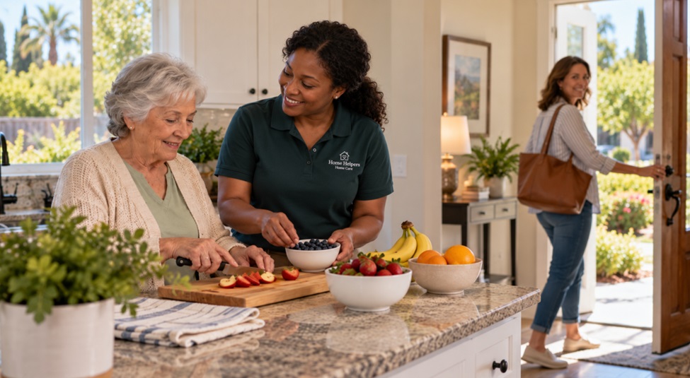 A caregiver helps an elderly woman chop fruit in a kitchen while another woman exits through the back door.