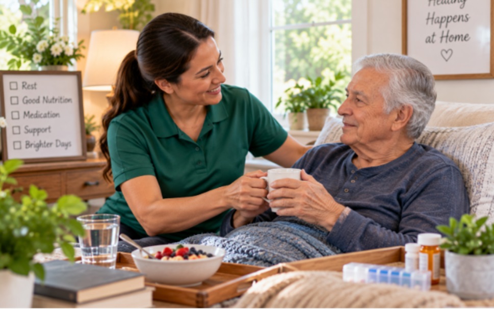 A smiling caregiver hands a mug to an elderly man sitting in bed with a breakfast tray.