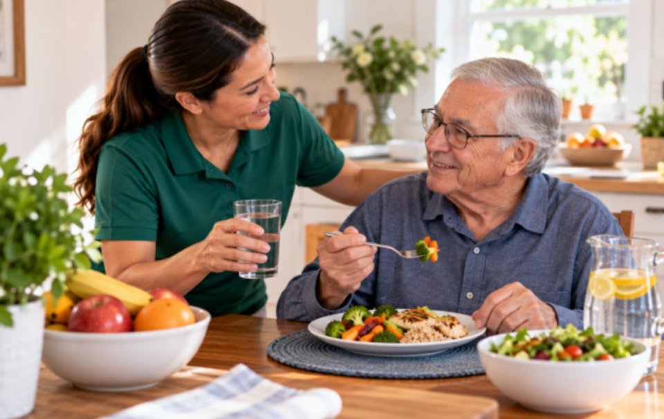 A caregiver hands a glass of water to an elderly man who is eating a meal of vegetables and chicken at a kitchen table.