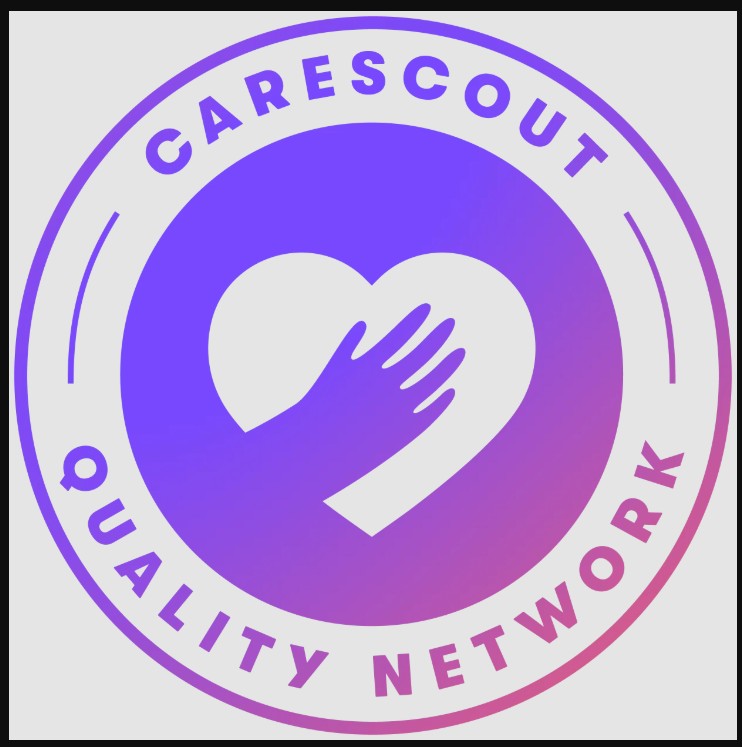 Circular logo for CareScout Quality Network featuring a heart icon with a hand resting inside it against a purple and blue gradient background.