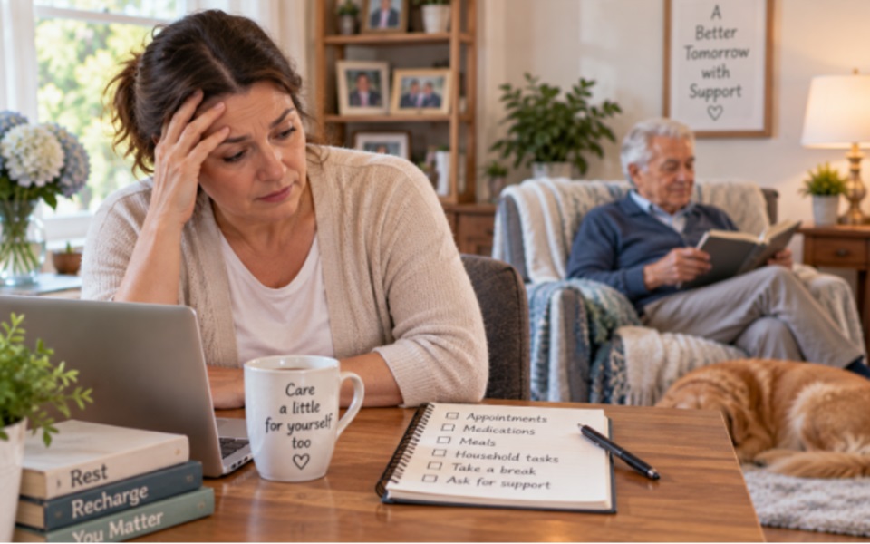 A woman looking stressed at her laptop sits at a desk with a mug and a to-do list, while an older man reads in the background.