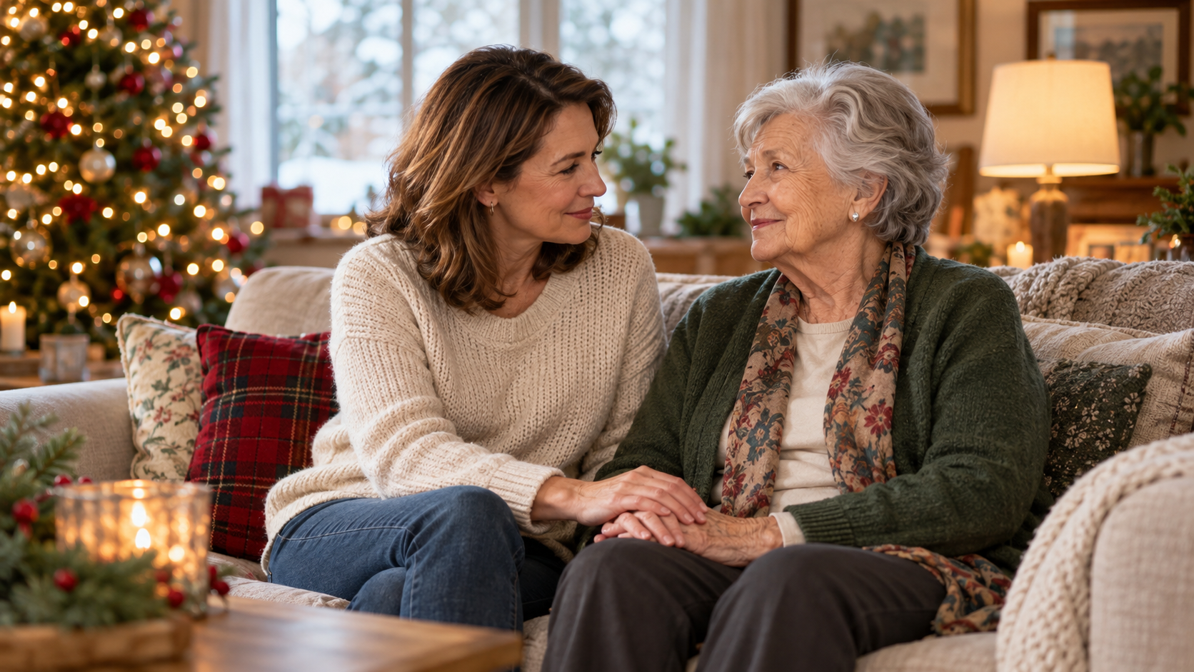 A middle-aged woman and an elderly woman sitting on a sofa, holding hands and smiling at each other in a room decorated for Christmas.