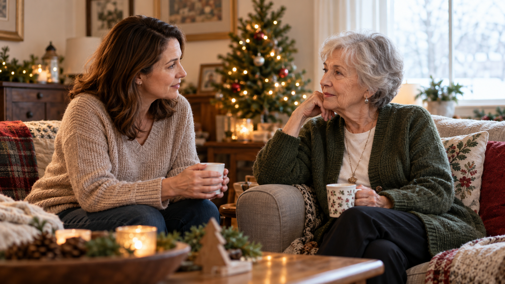 A younger woman and an older woman engaged in home care sit on a sofa talking while holding mugs in a living room decorated for the holidays.