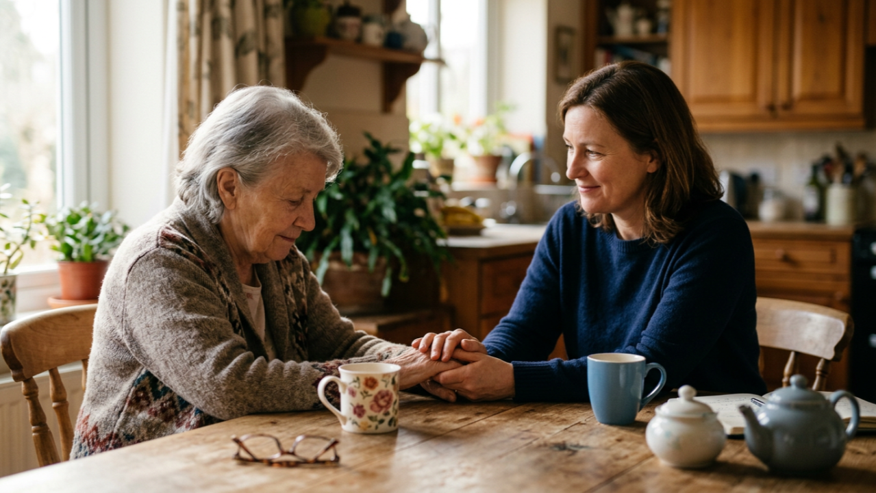 A younger woman sits at a table holding the hands of an older woman while they look at each other.
