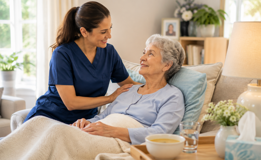 Senior receiving home care services in Tiburon, CA during recuperation.