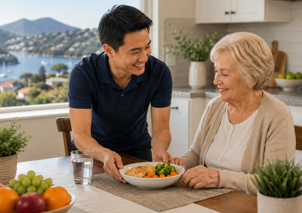 Caregiver helping with manageable meals through home care services in Tiburon, CA.