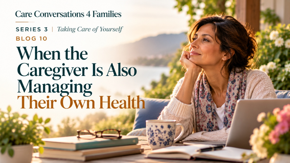 A woman rests her chin on her hand, looking out at a view, with a laptop and books on the table in front of her. Text reads: Care Conversations 4 Families, Series 3, Blog 10: When the Caregiver Is Also Managing Their Own Health.