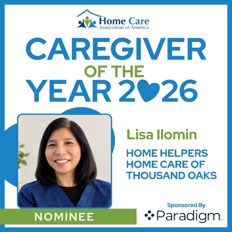 Caregiver of the Year 2026 award graphic featuring a photo of nominee Lisa Ilomin from Home Helpers Home Care of Thousand Oaks, sponsored by Paradigm.