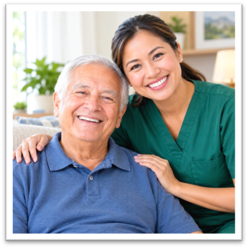 A smiling elderly man sitting with a smiling woman in green scrubs, who has a hand on his shoulder.