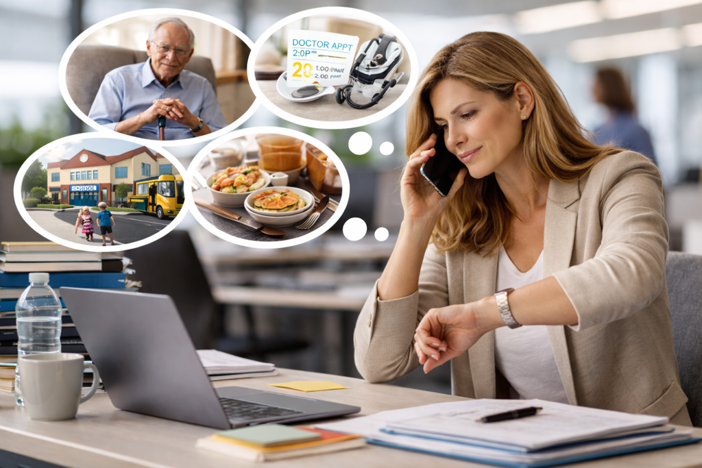 A woman at a desk talks on her phone and checks her watch, with thought bubbles showing an elderly man, a medical appointment reminder, a school building, and a meal.