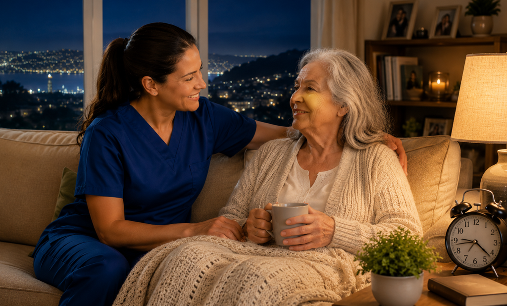 Caregiver providing evening support for a senior at home in Mill Valley, CA.