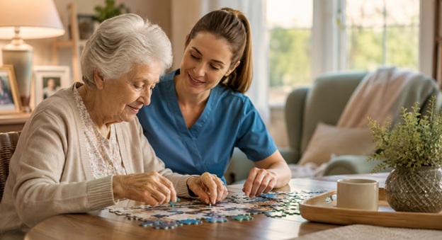 A caregiver sits with an elderly woman at a table as they work together on a jigsaw puzzle.