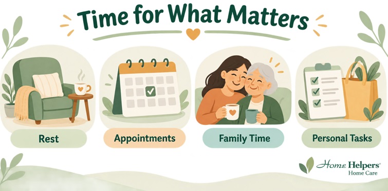 Time for What Matters infographic with four illustrations: an armchair for Rest, a calendar for Appointments, two people drinking tea for Family Time, and a checklist with a shopping bag for Personal Tasks, under the Home Helpers logo.