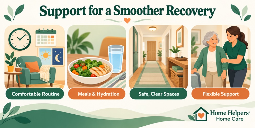 Infographic titled Support for a Smoother Recovery with four panels illustrating: a living room with a clock and calendar for Comfortable Routine, a salad and water for Meals & Hydration, a clear hallway for Safe, Clear Spaces, and a caregiver assisting a senior for Flexible Support.