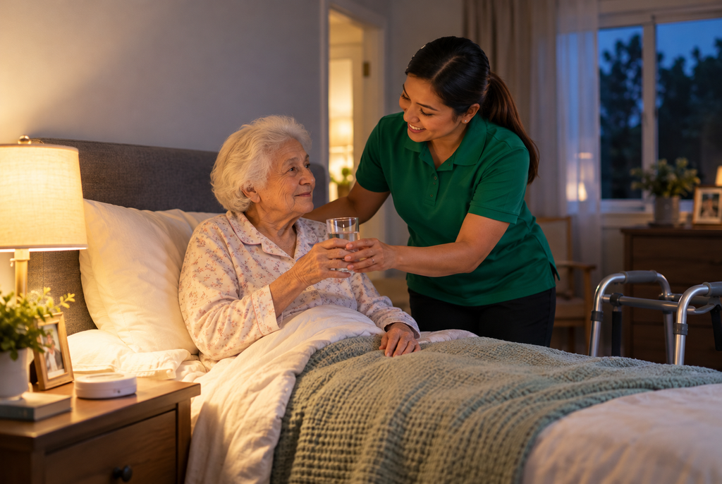 A smiling caregiver hands a glass of water to an elderly woman resting in her bed.