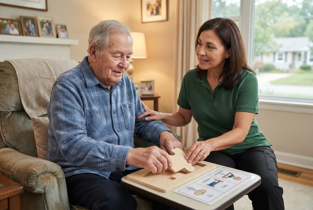 A caregiver sits with an elderly man as he works on a wooden puzzle.